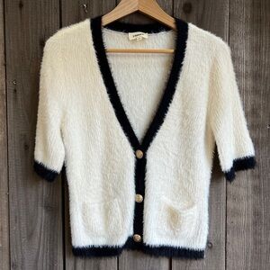 L’AGENCE Short Sleeve Cardigan Ivory/Black